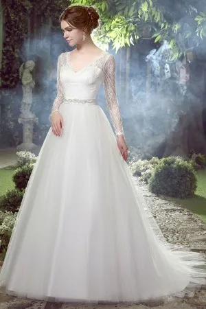 illusion long sleeve lace tulle wedding ball gown