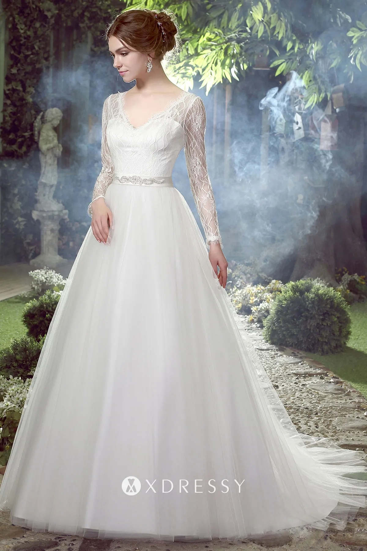 illusion long sleeve lace tulle wedding ball gown