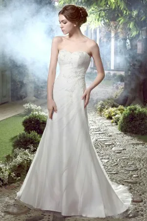 beaded lace appliqued strapless long wedding dress