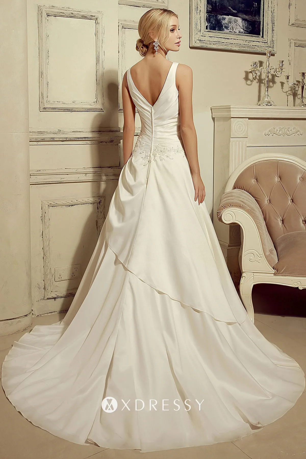 V back sleeveless 2 tiered satin wedding ball gown