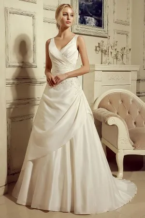 V neck sleeveless 2 tiered ivory satin wedding ball gown