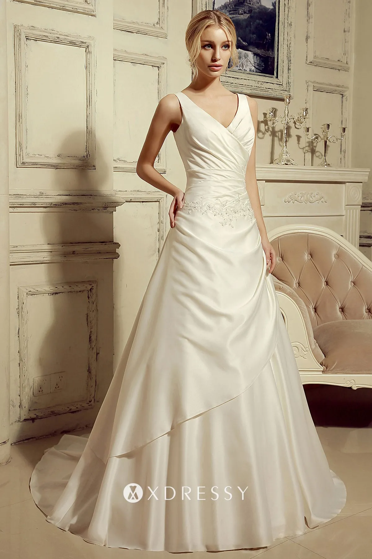 sleeveless 2 tiered ivory satin wedding ball gown