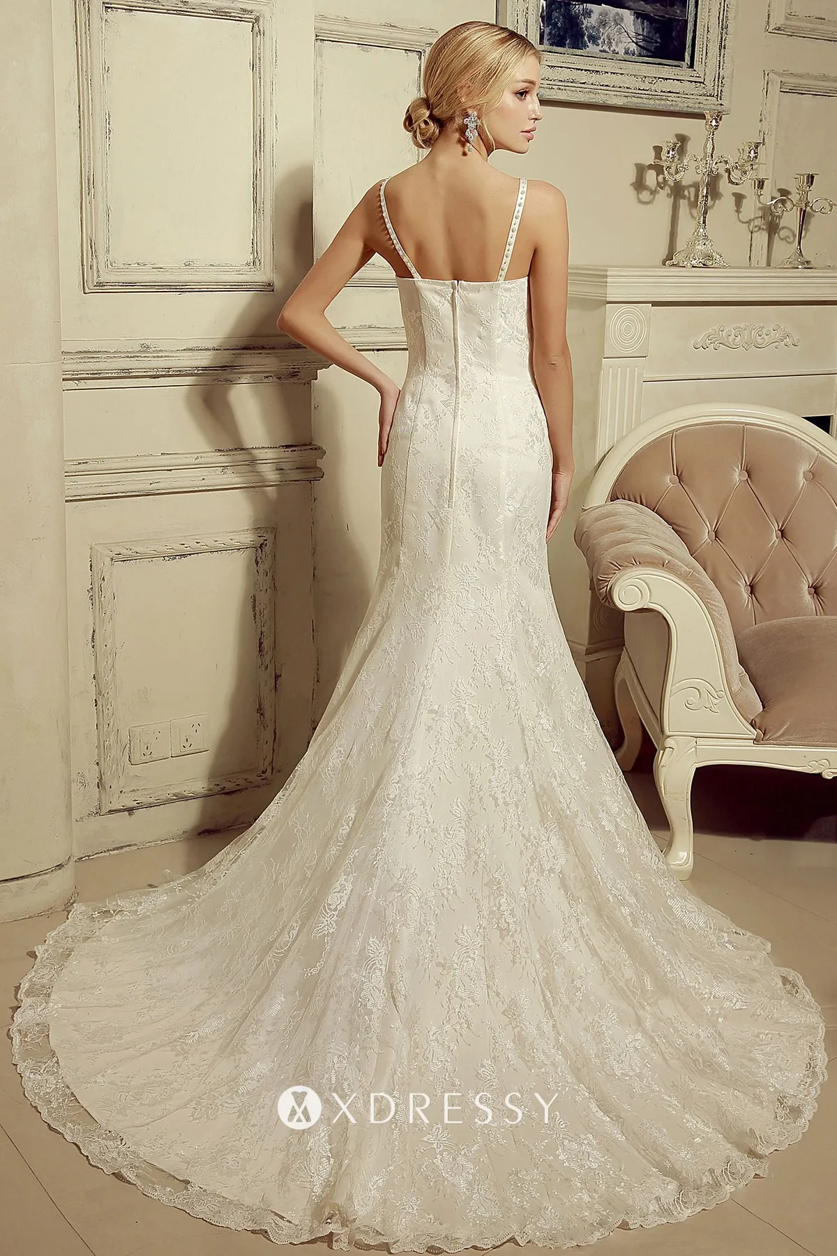 low back beaded sweetheart lace wedding dress