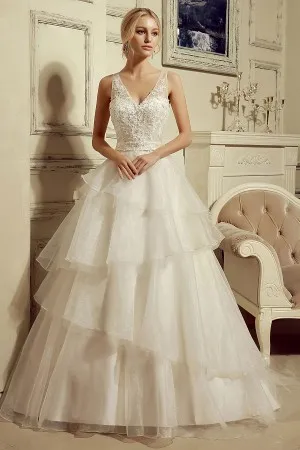 V neck beaded lace tiered tulle wedding ball gown