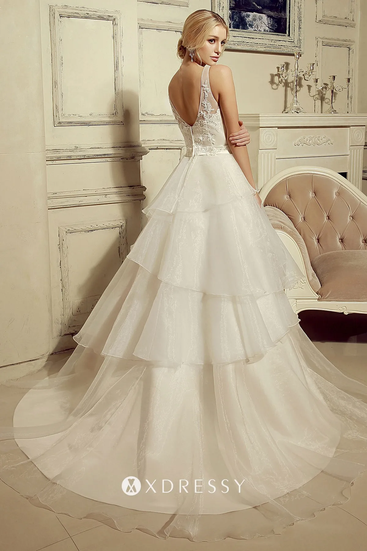 V neck lace tiered tulle wedding ball gown