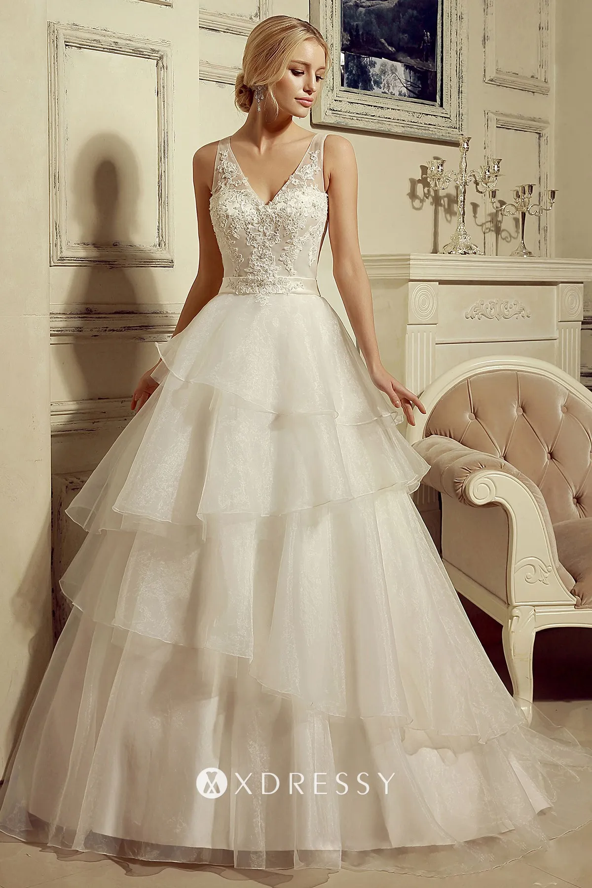 beaded lace tiered tulle floor length wedding ball gown