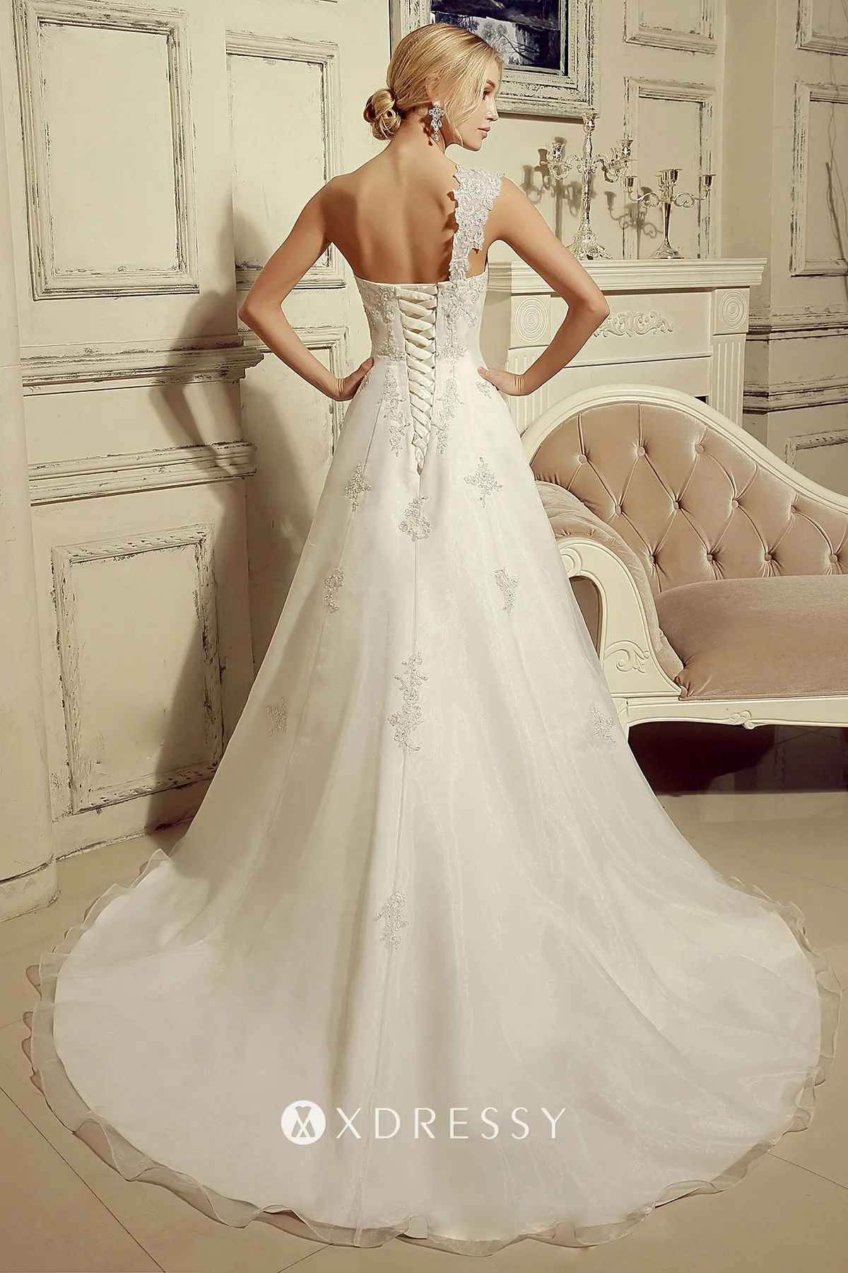lace up low back beaded lace single shoulder strap wedding ballgown lace up low back beaded lace single shoulder strap wedding ballgown