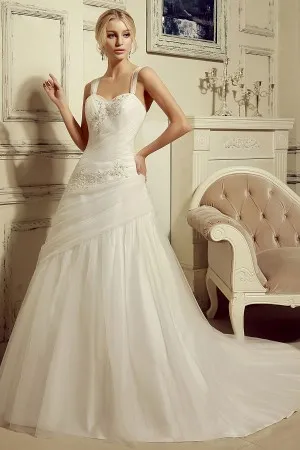 beaded lace pleated tulle ball gown wedding dress