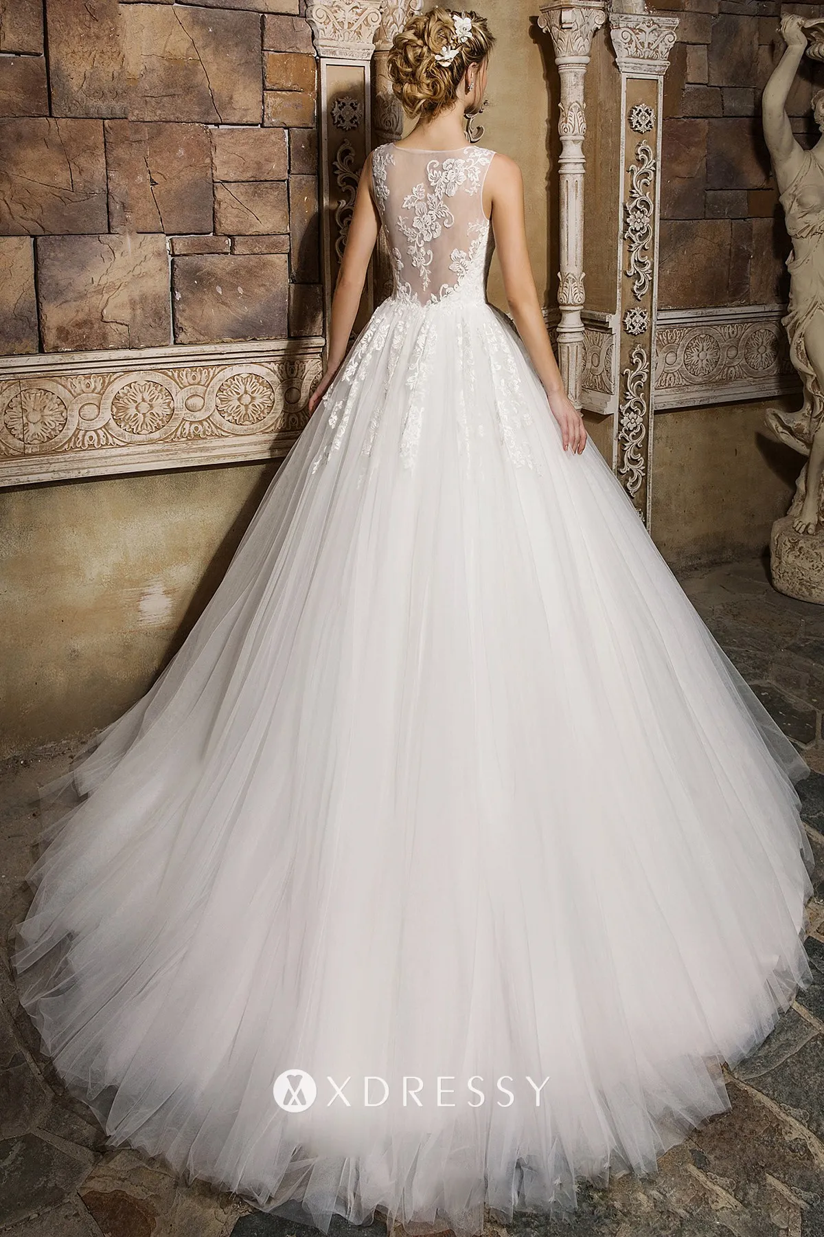 court train illusion back pleated tulle bridal ball gown