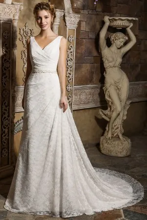 ivory lace V neck sleeveless draped wedding dress