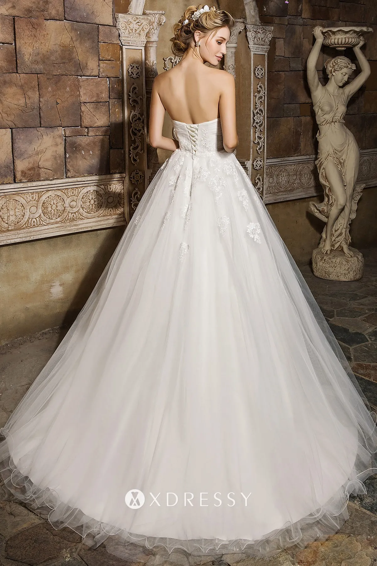 low back white lace appliqued tulle pleated bridal ballgown