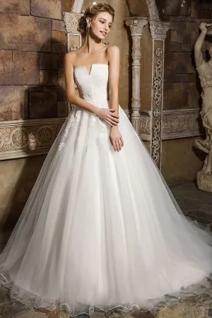 white lace appliqued tulle pleated bridal ballgown
