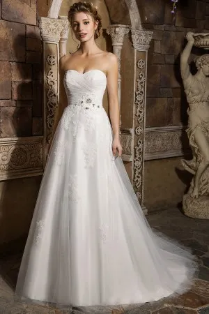 white lace tulle strapless ruched wedding dress
