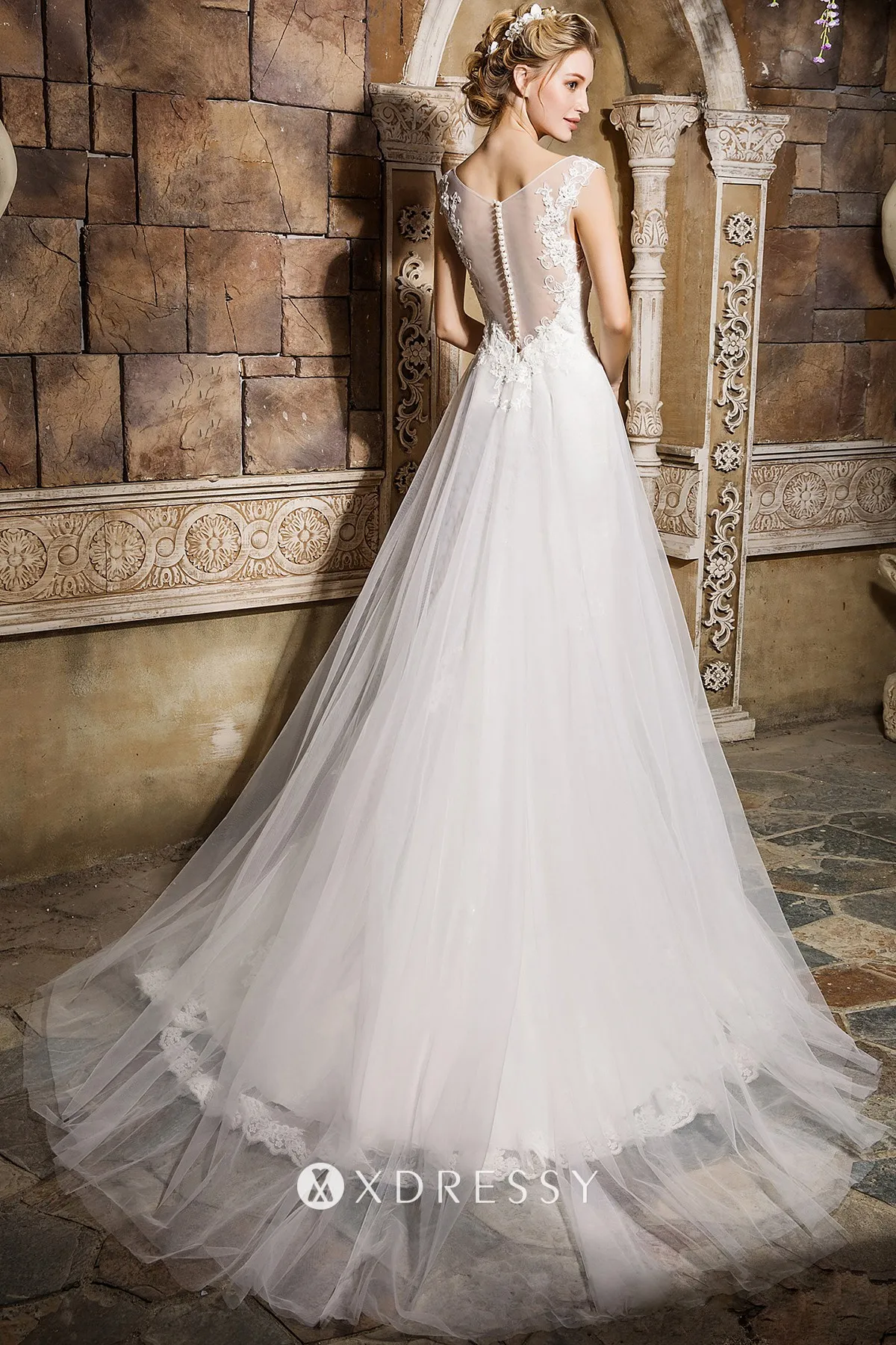 White Lace Tulle & Satin Overskirt Wedding Dress - Xdressy
