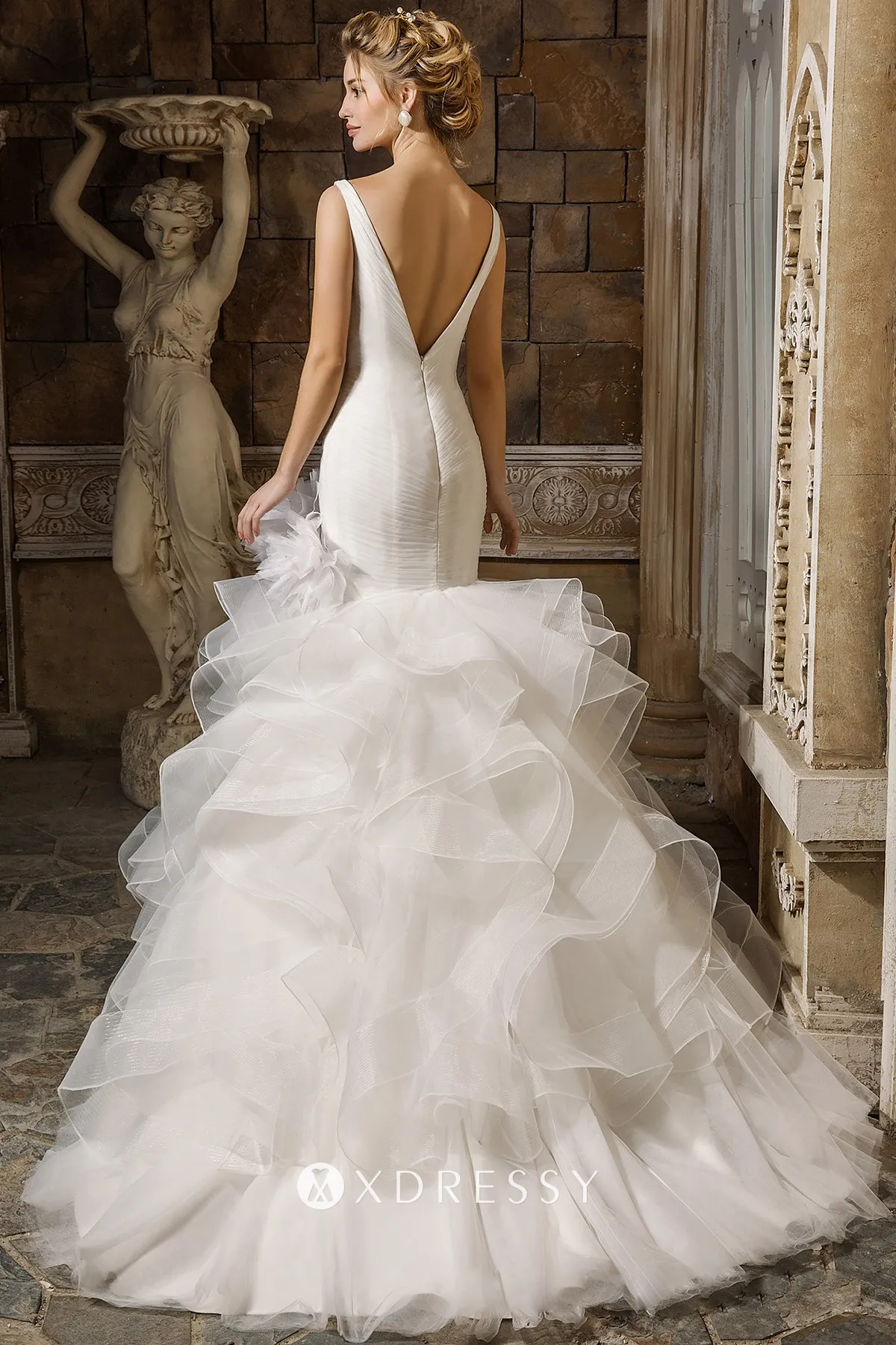 V back drop waist tiered tulle white mermaid wedding gown V back drop waist tiered tulle white mermaid wedding gown