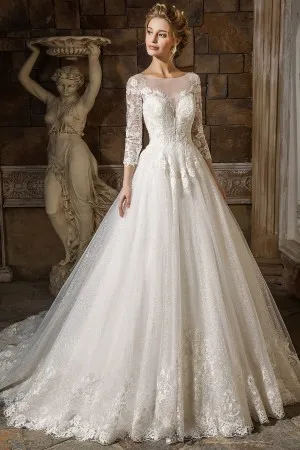 Illusion Neck Cap Sleeve A-Line Tulle Wedding Gown in White