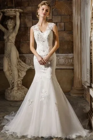 3D rose lace appliqued mermaid white wedding dress