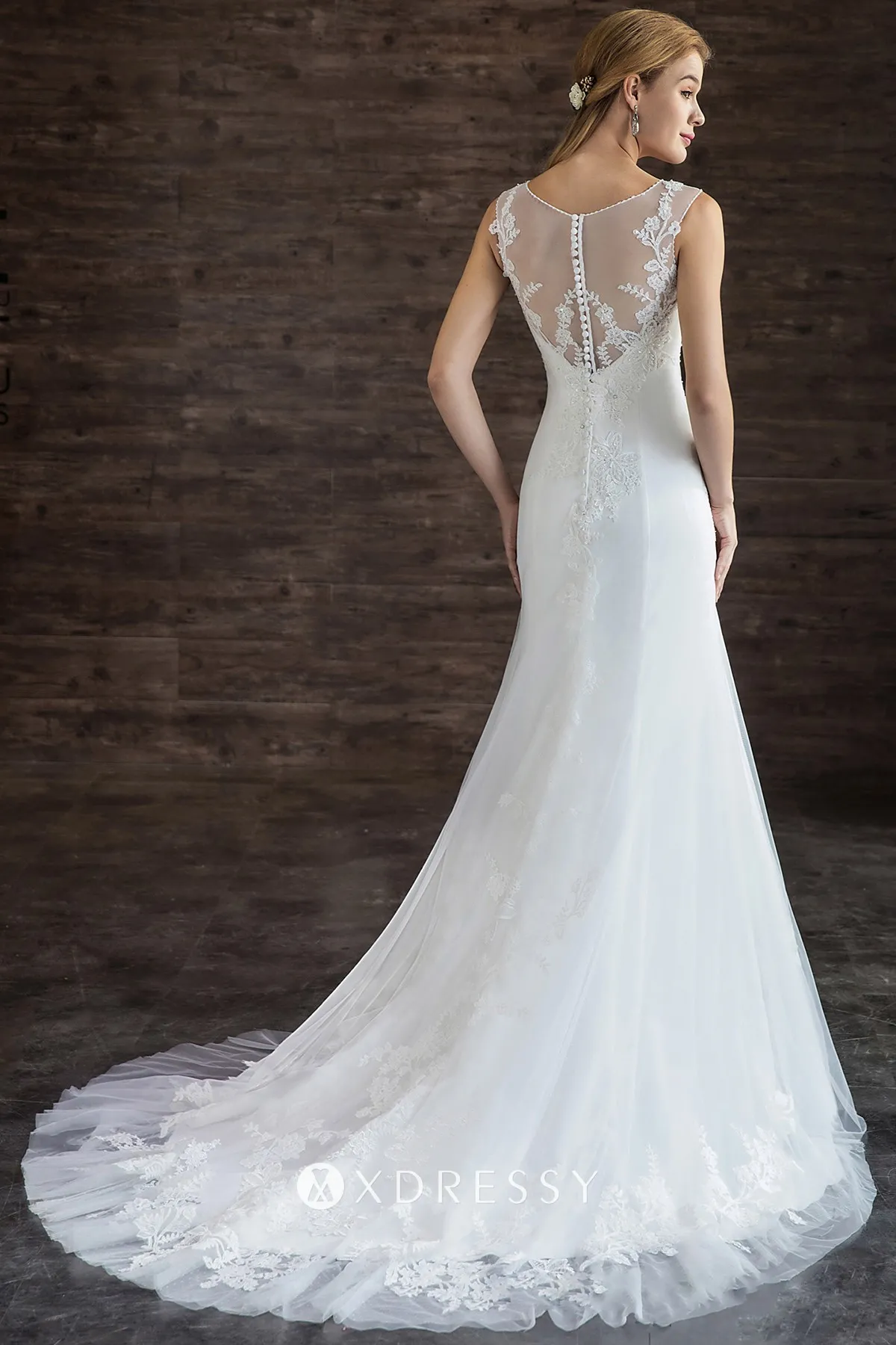 illusion back white lace tulle satin sleeveless wedding dress