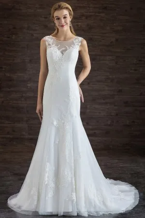 sleeveless white lace tulle satin mermaid wedding dress