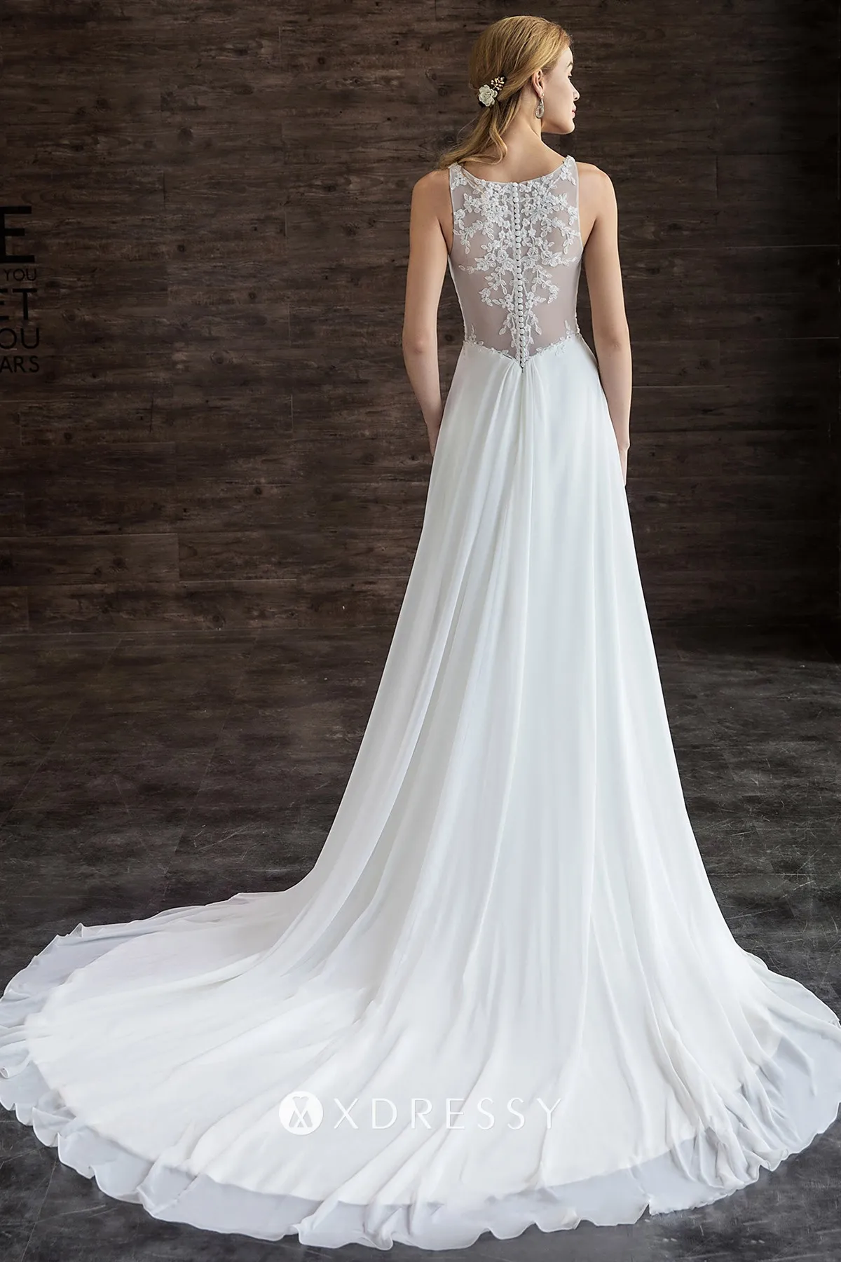 illusion back flowy chiffon cathedral train A line wedding dress illusion back flowy chiffon cathedral train A line wedding dress