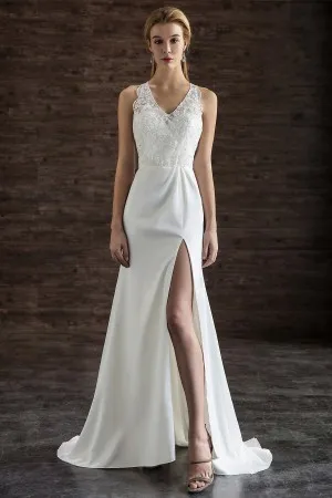 high slit scalloped lace white satin wedding dress
