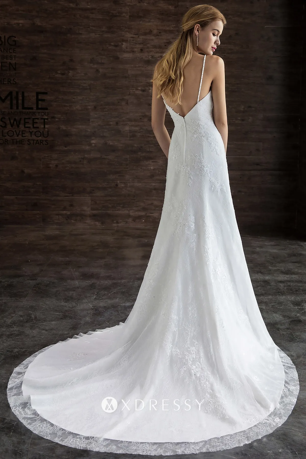 low back spaghetti strap beaded lace A line wedding dress