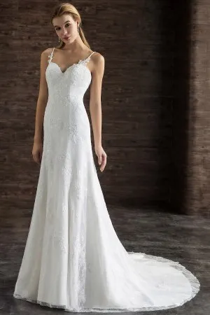 spaghetti strap beaded lace A line wedding dress