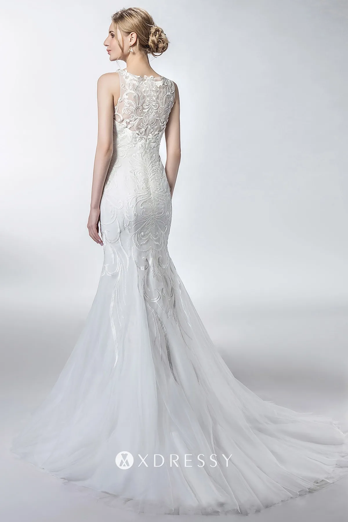illusion back chapel train lace tulle mermaid bridal gown