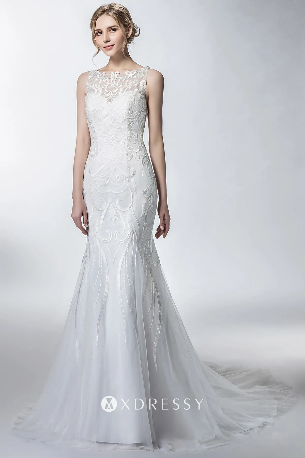 sleeveless illusion sweetheart lace tulle mermaid bridal gown