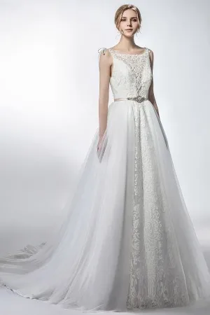 ivory lace A line bridal gown with tulle overskirt