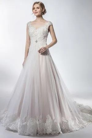 cap sleeve V neck pearl pink A line wedding dress