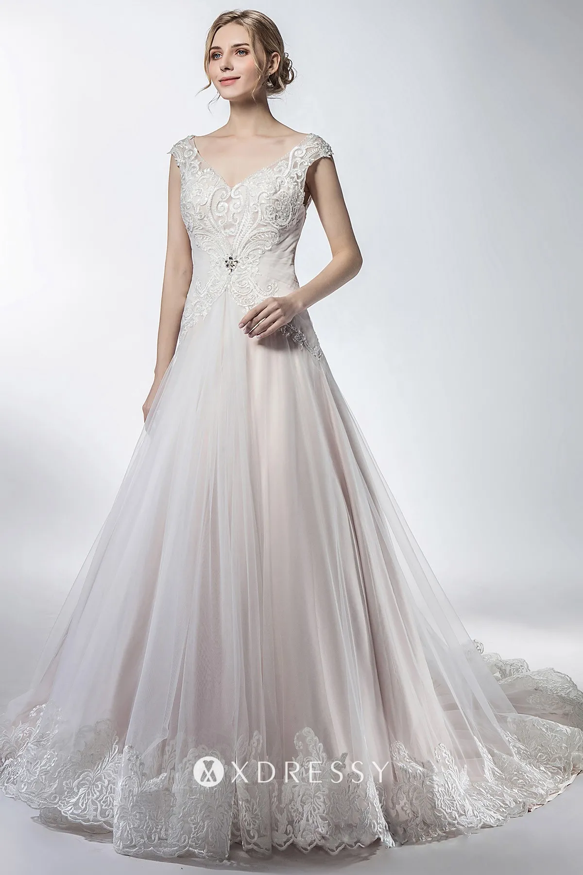 cap sleeve V neck pearl pink A line wedding dress