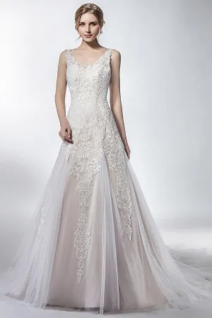 scalloped V neck godet skirt champagne bridal gown