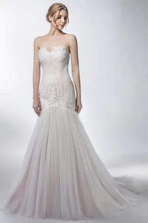 champagne lace tulle satin drop waist wedding gown