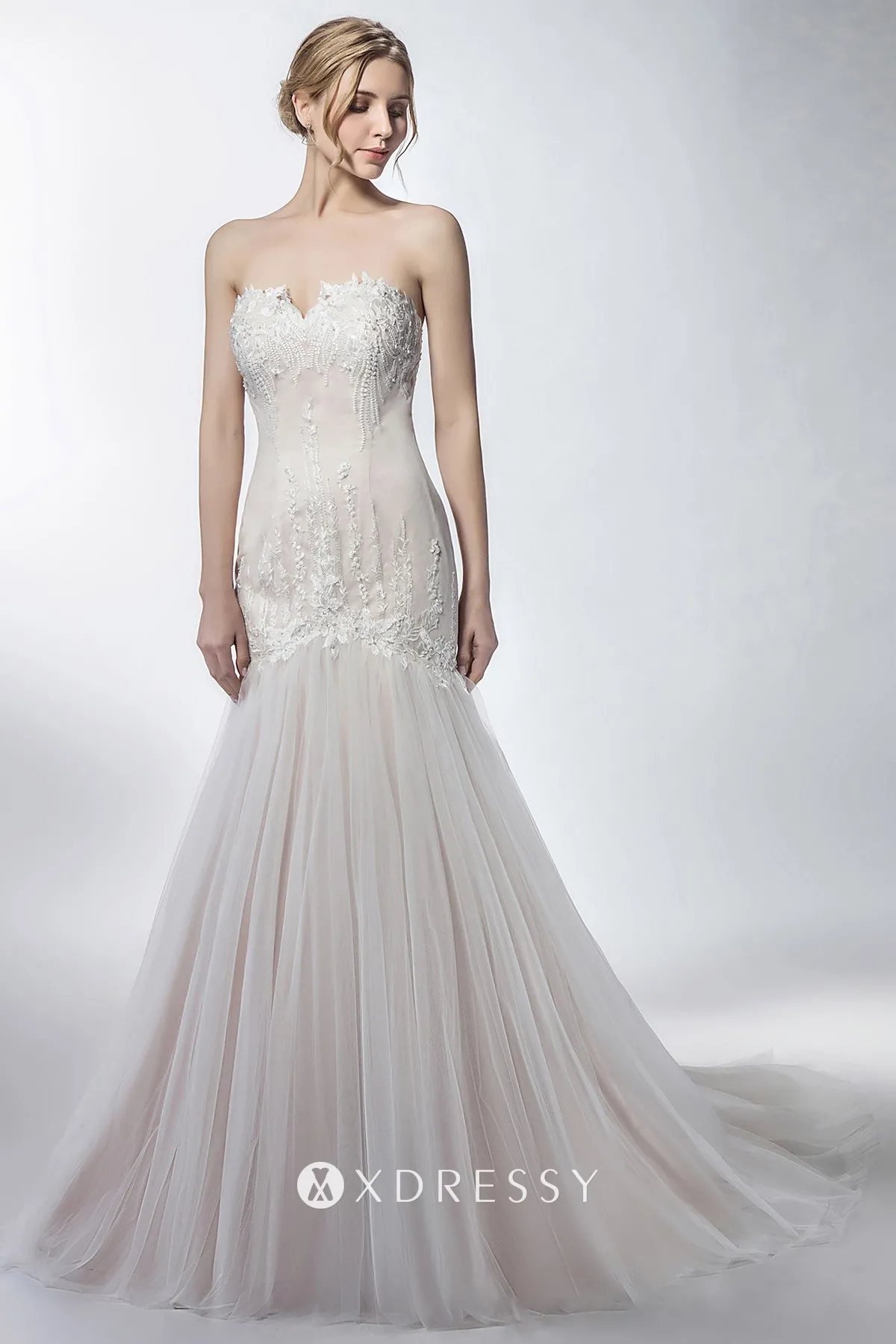 champagne lace tulle satin drop waist wedding gown