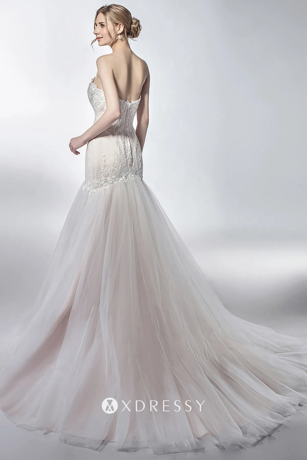 low back champagne lace tulle satin drop waist wedding gown