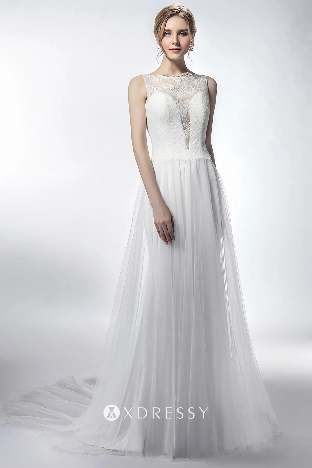 illusion plunging neckline lace tulle wedding gown