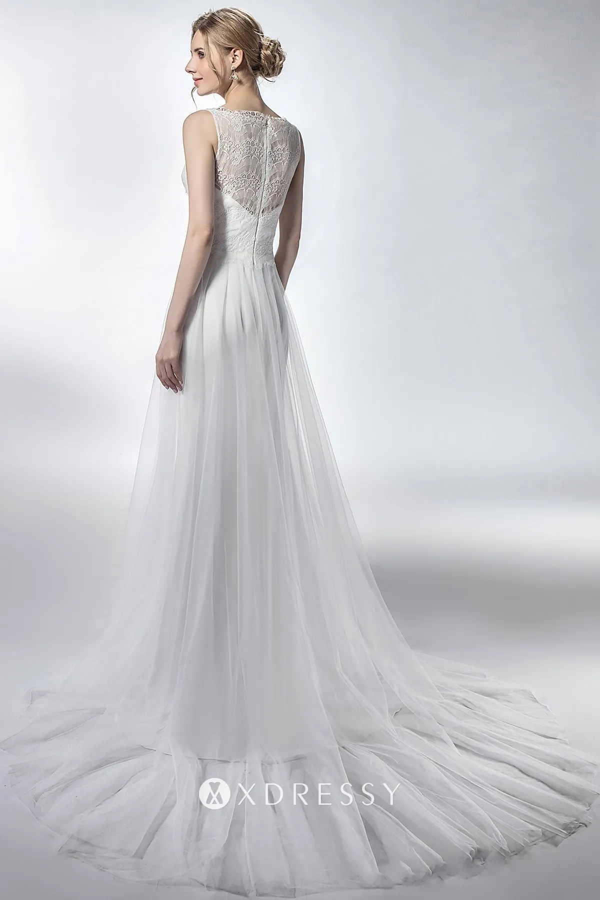 illusion plunging neckline lace tulle wedding gown with chapel train
