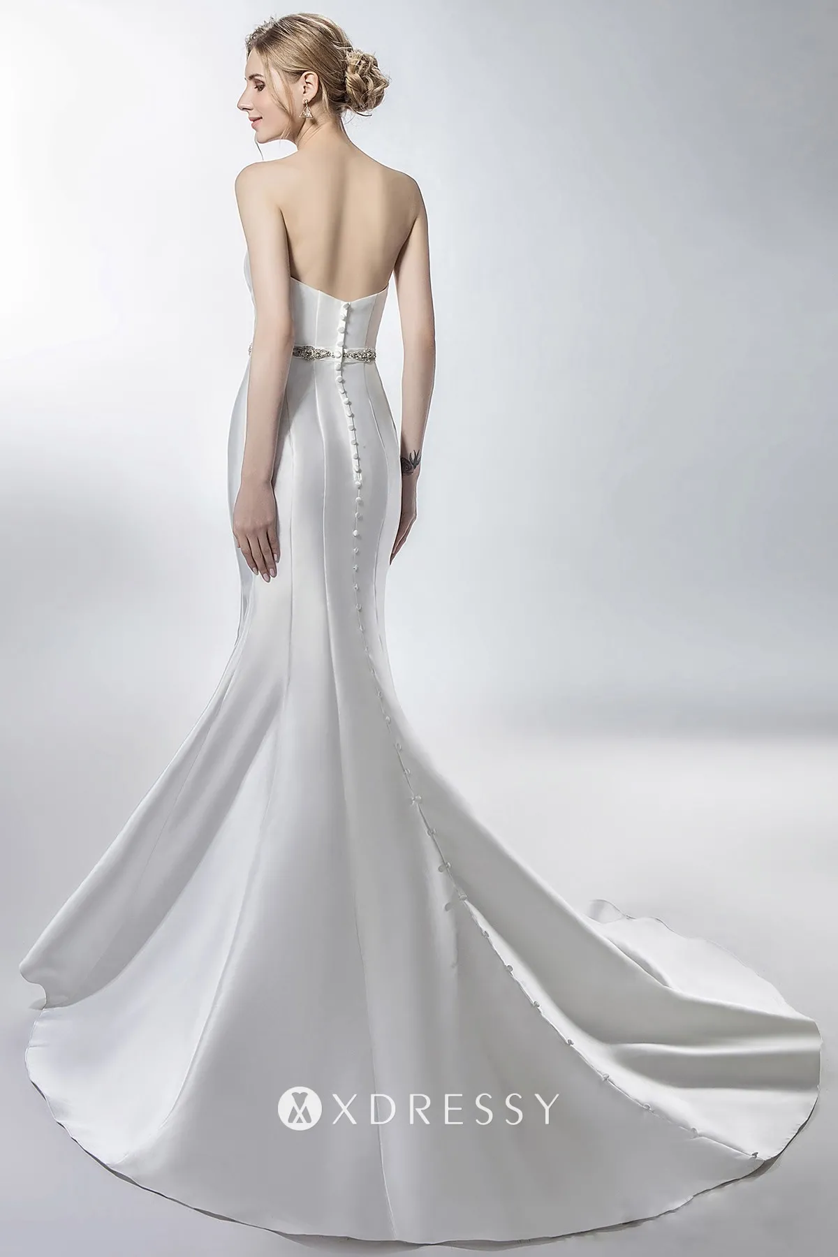 low back shiny white satin strapless trumpet wedding dress