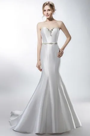 shiny white satin strapless trumpet wedding dress