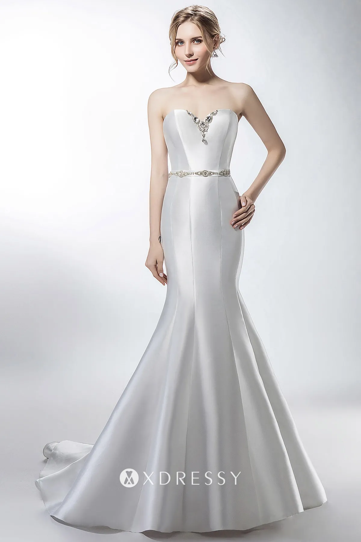 shiny white satin strapless trumpet wedding dress