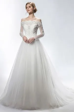 scalloped off shoulder long sleeve wedding dress