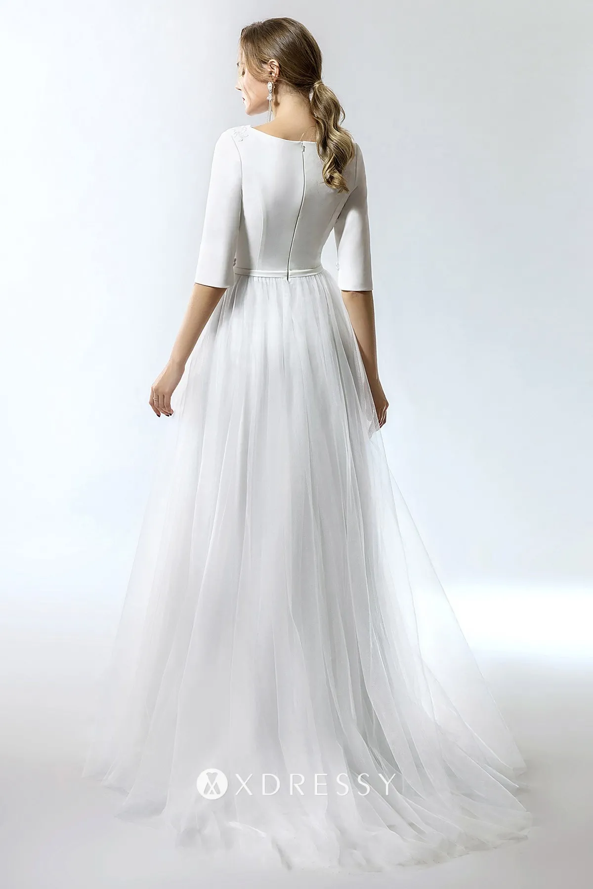 half sleeve jewel neck A line long wedding dress with sweep train
