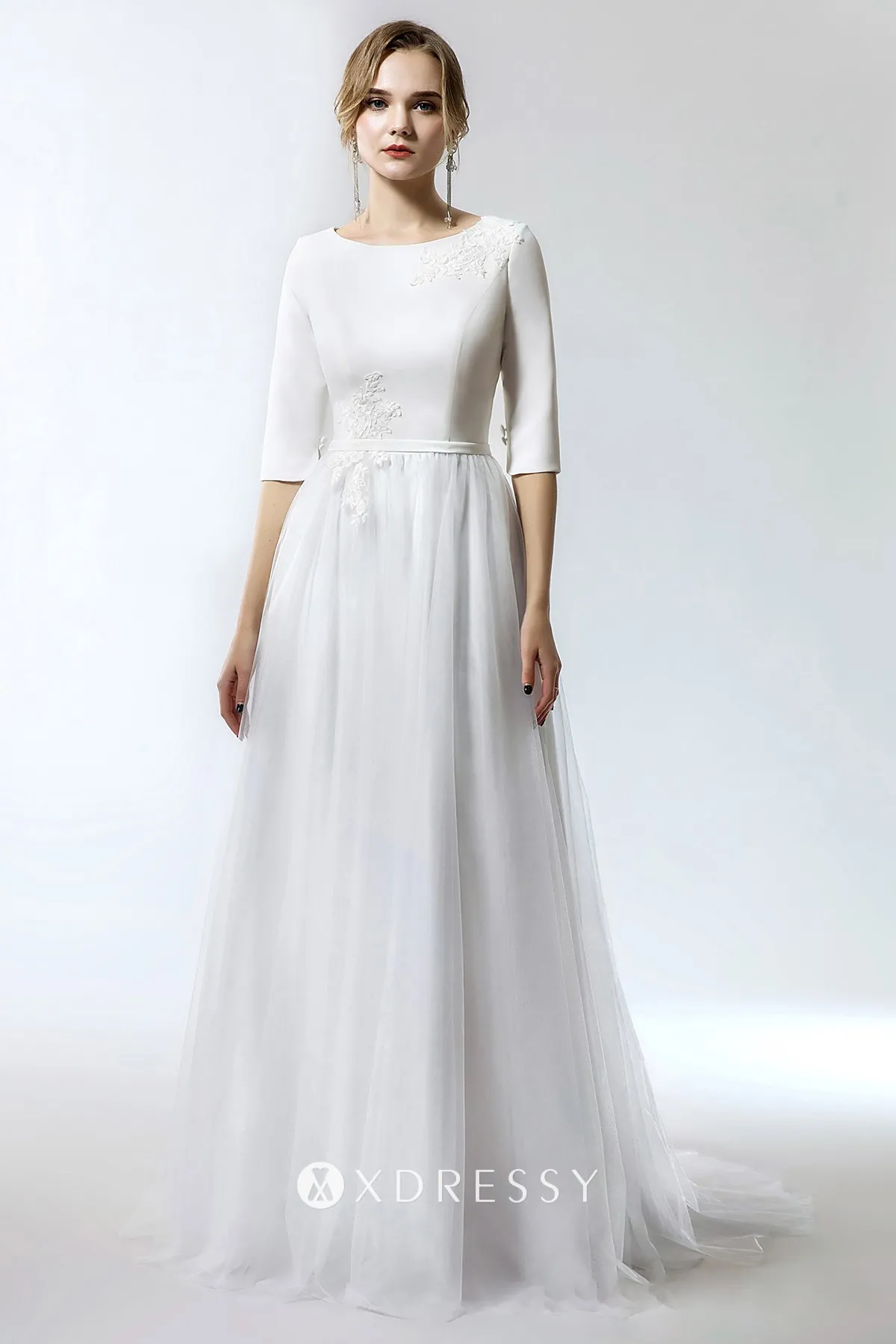 jewel neck half sleeve A line long wedding dress
