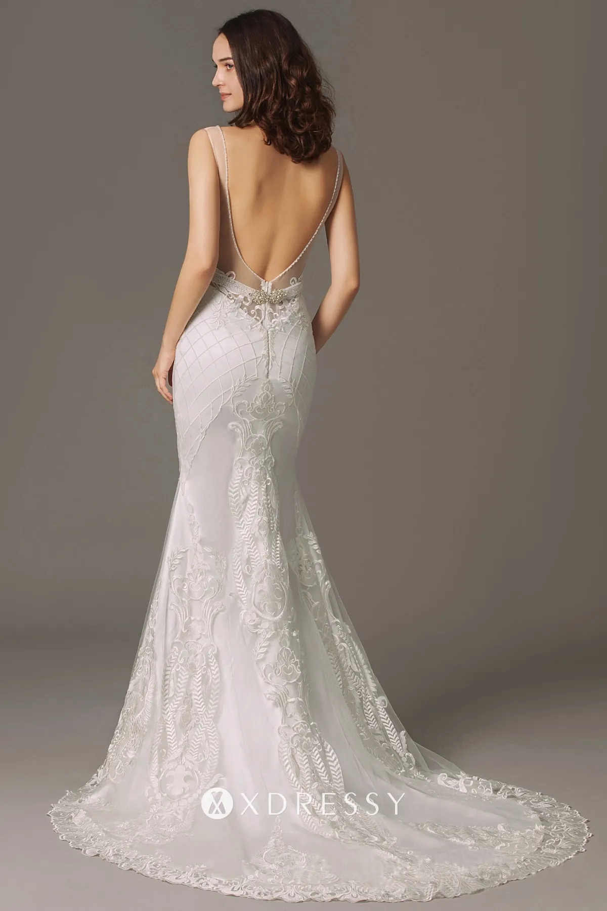 backless illusion plunging neck cut out sexy wedding dress