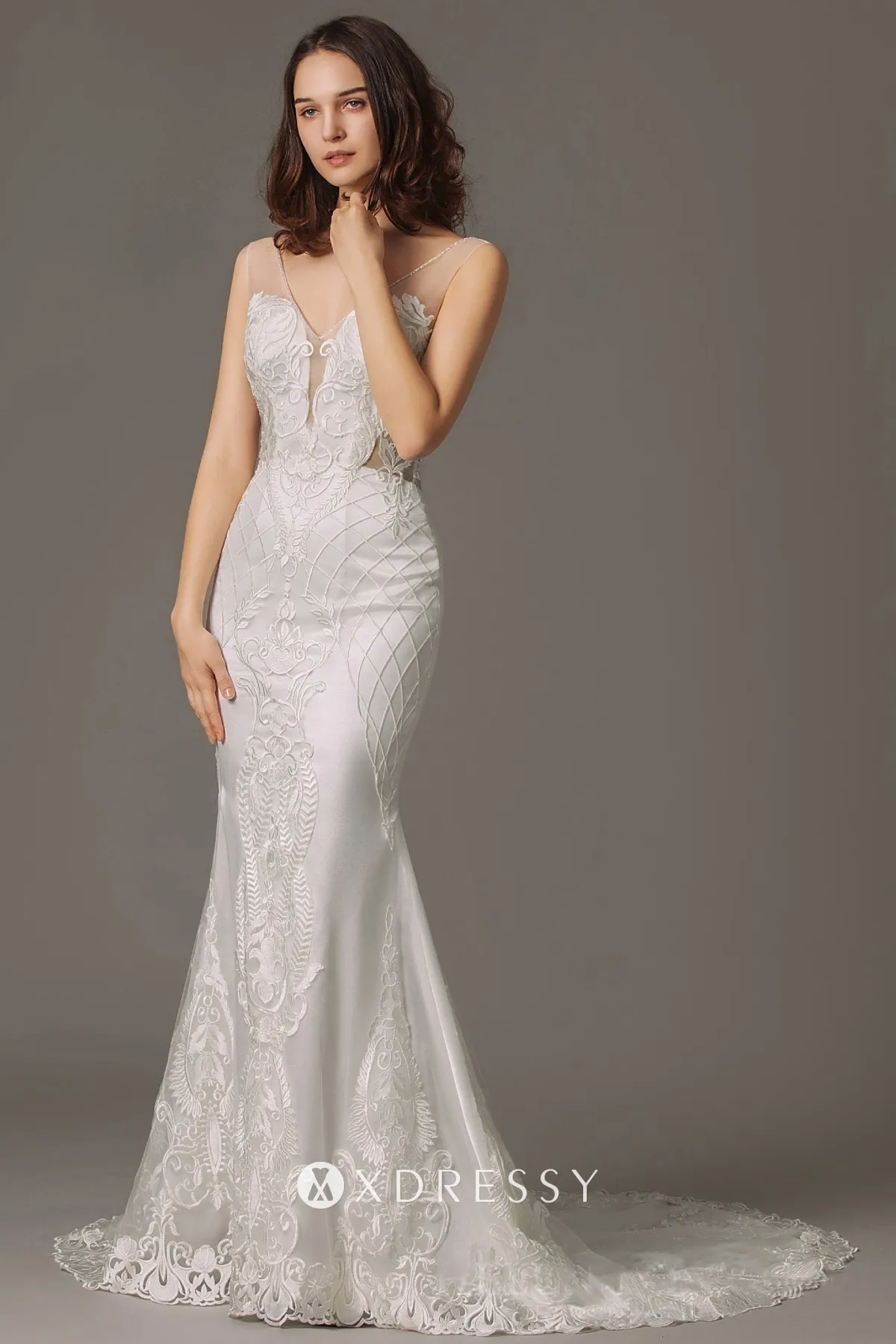 sleeveless illusion plunging neck cut out sexy wedding dress