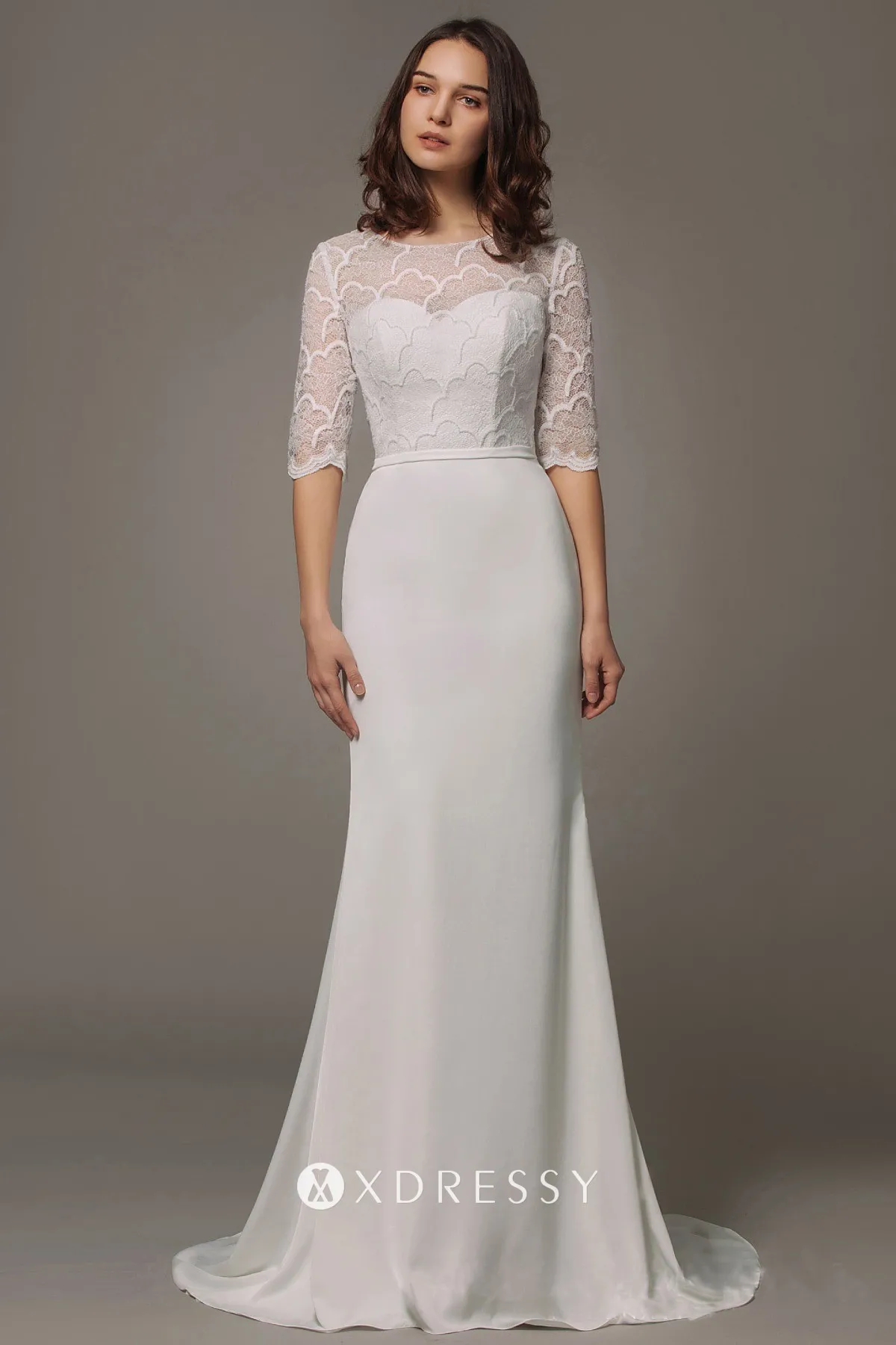 Illusion Half Sleeve Lace & Spandex Wedding Dress - Xdressy