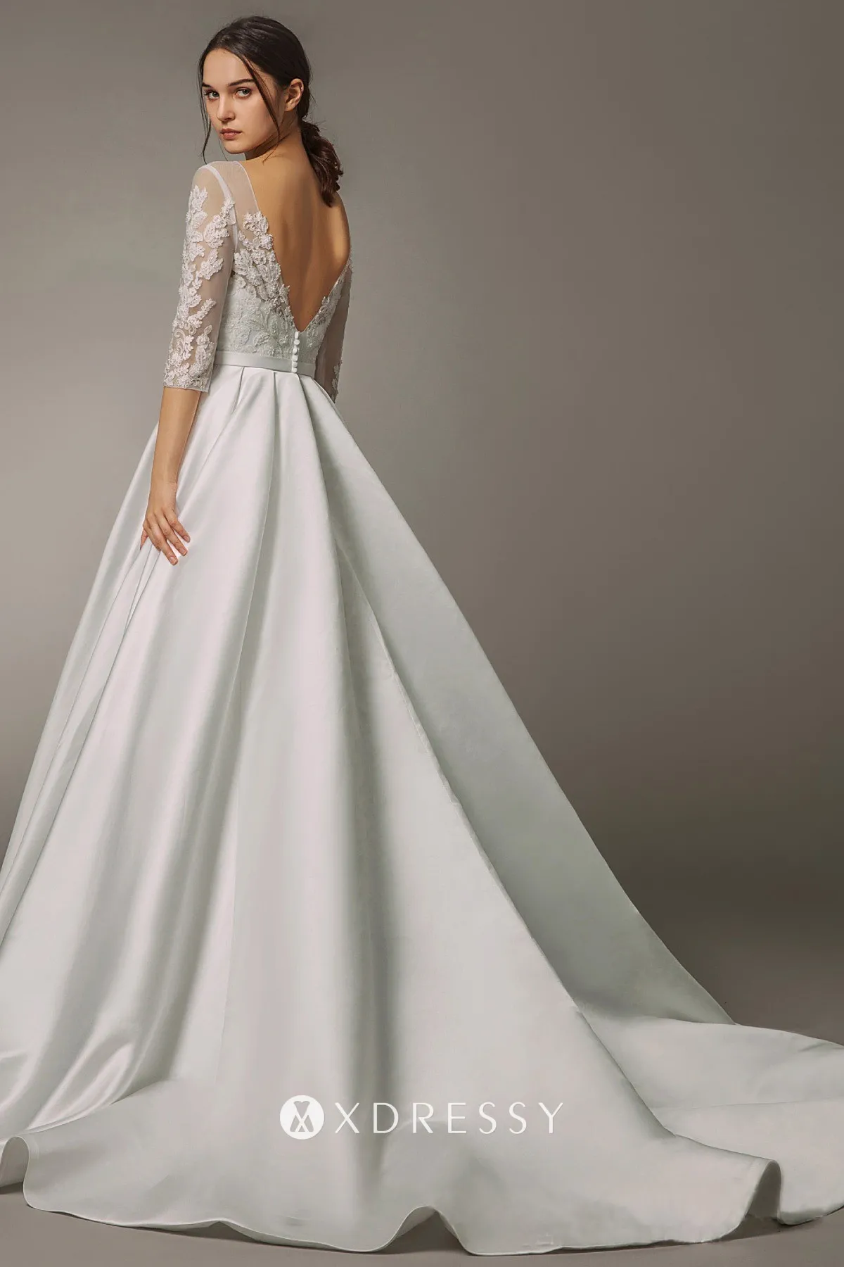 cathedral train sequined illusion lace satin fashion bridal gown