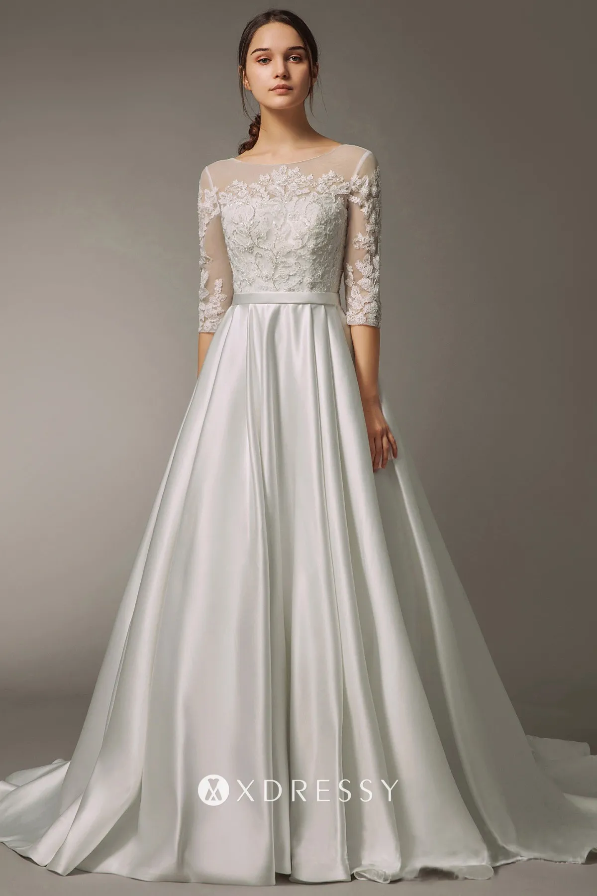 sequined illusion lace satin fashion bridal gown