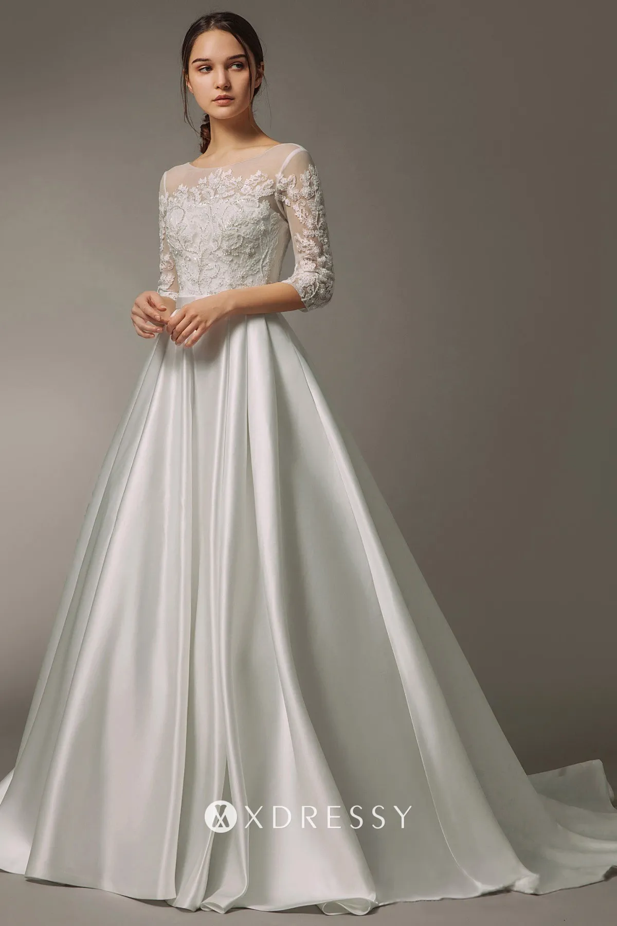 short sleeve sequined illusion lace satin fashion bridal gown